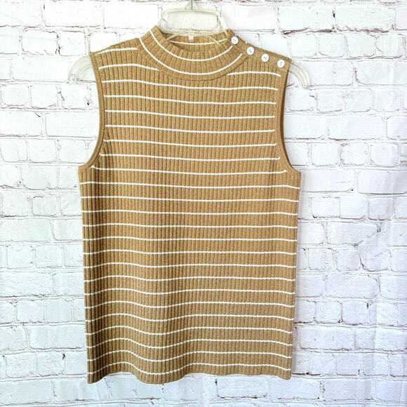 Talbots Med Striped Gold Metallic Sleeveless Sweater Mock Neck Casual Social - Picture 1 of 8